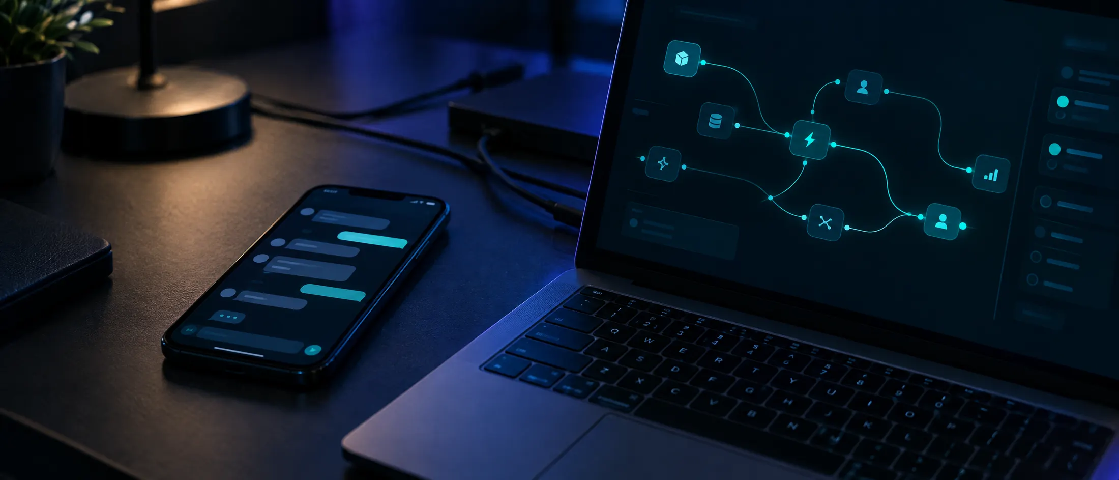 Phone showing a WhatsApp chat next to a laptop with an automation flow on screen