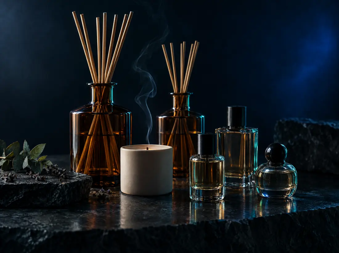 Reed diffusers, candles and perfume bottles on a stone counter