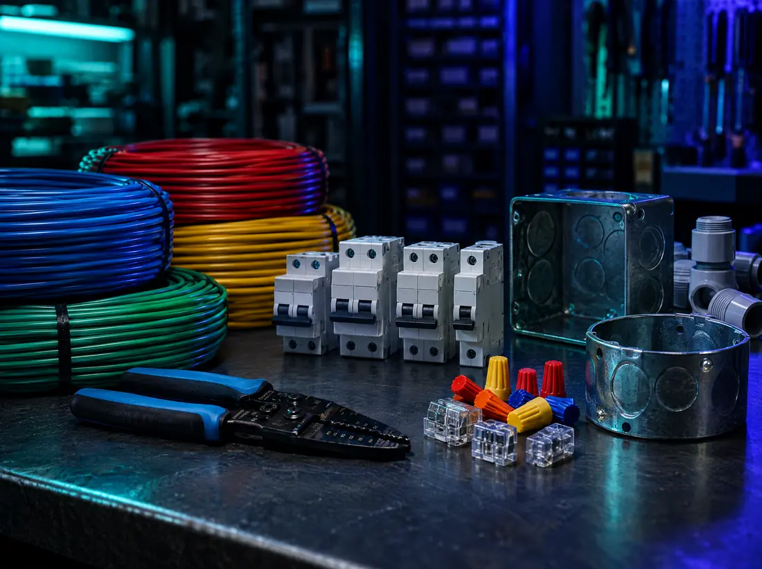 Cable coils, breakers and electrician's tools on a counter
