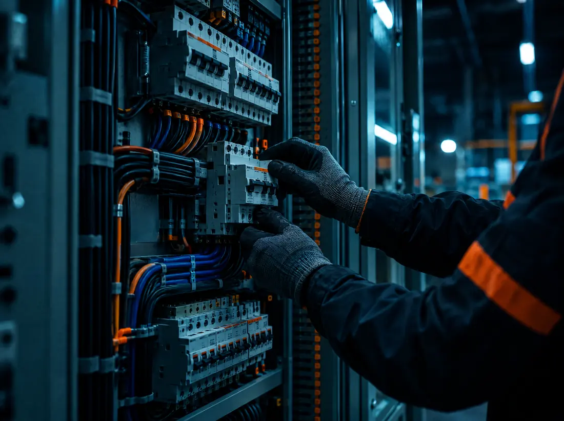 Technician in gloves working on an industrial electrical panel