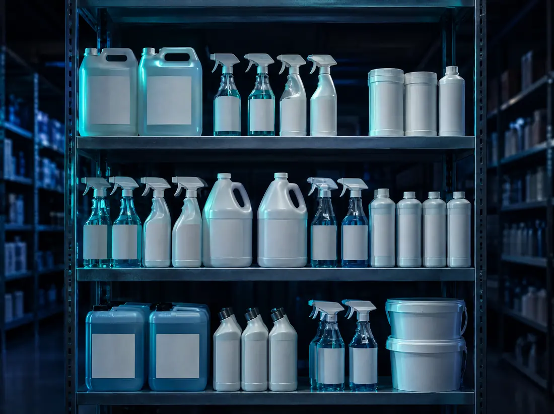 Shelving with cleaning product containers and spray bottles