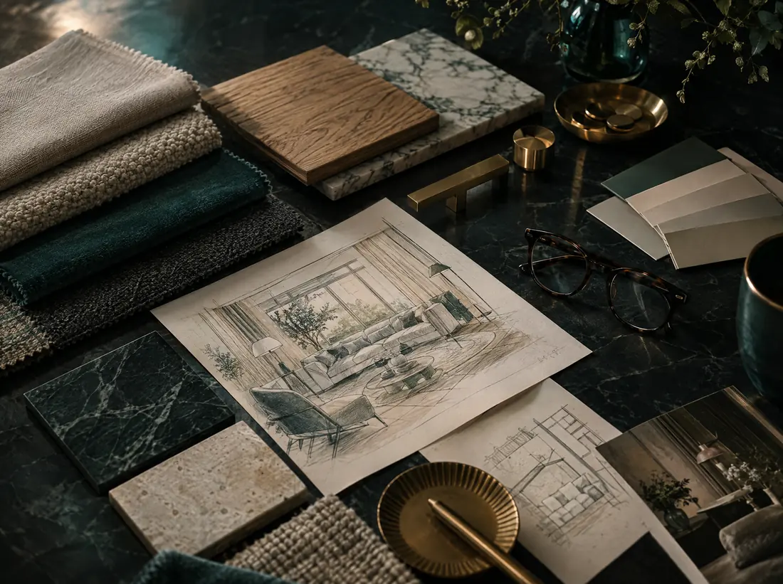 Interior design desk with fabric, wood and marble samples and sketches