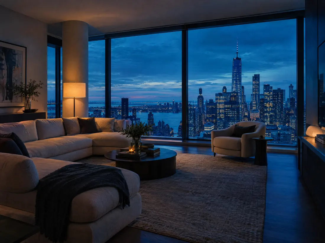 Living room of a modern apartment with floor-to-ceiling windows and a city view at dusk