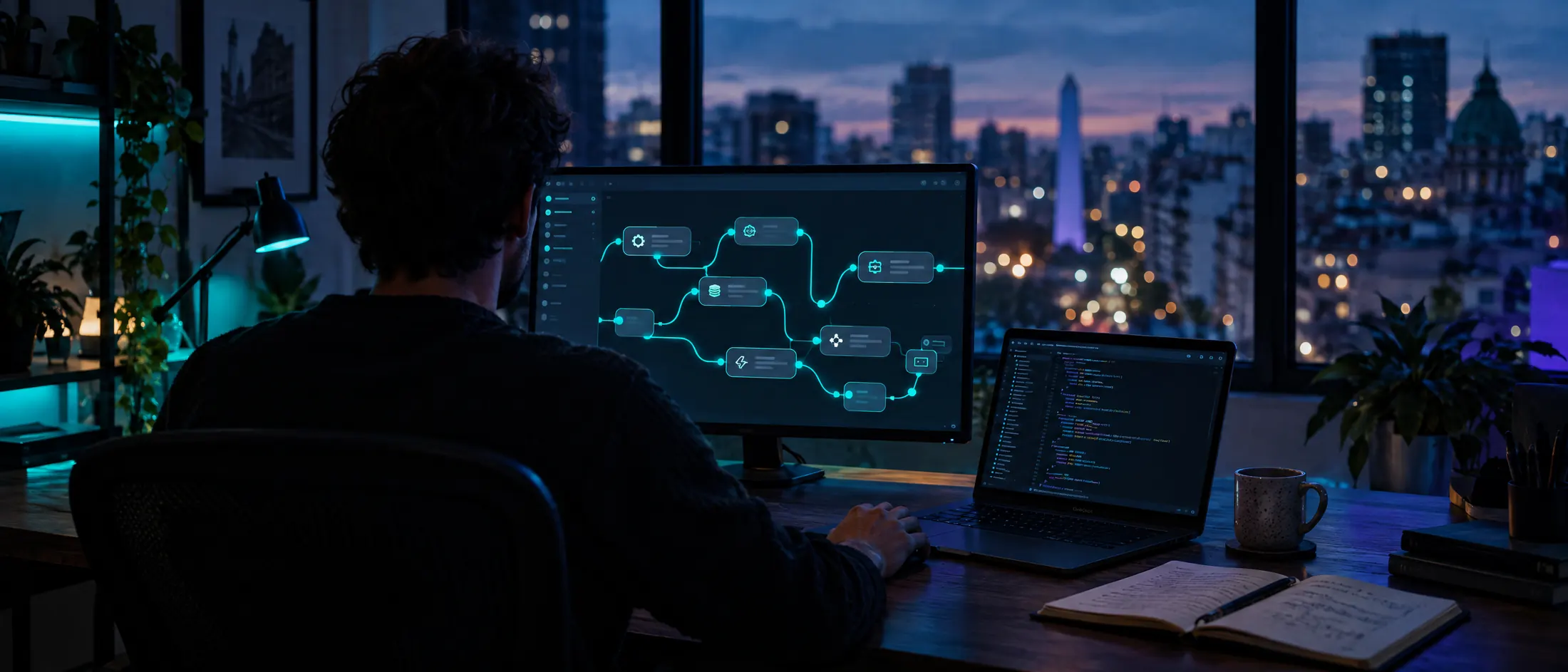 Desk at night with an automation flow on the monitor and the Buenos Aires skyline behind