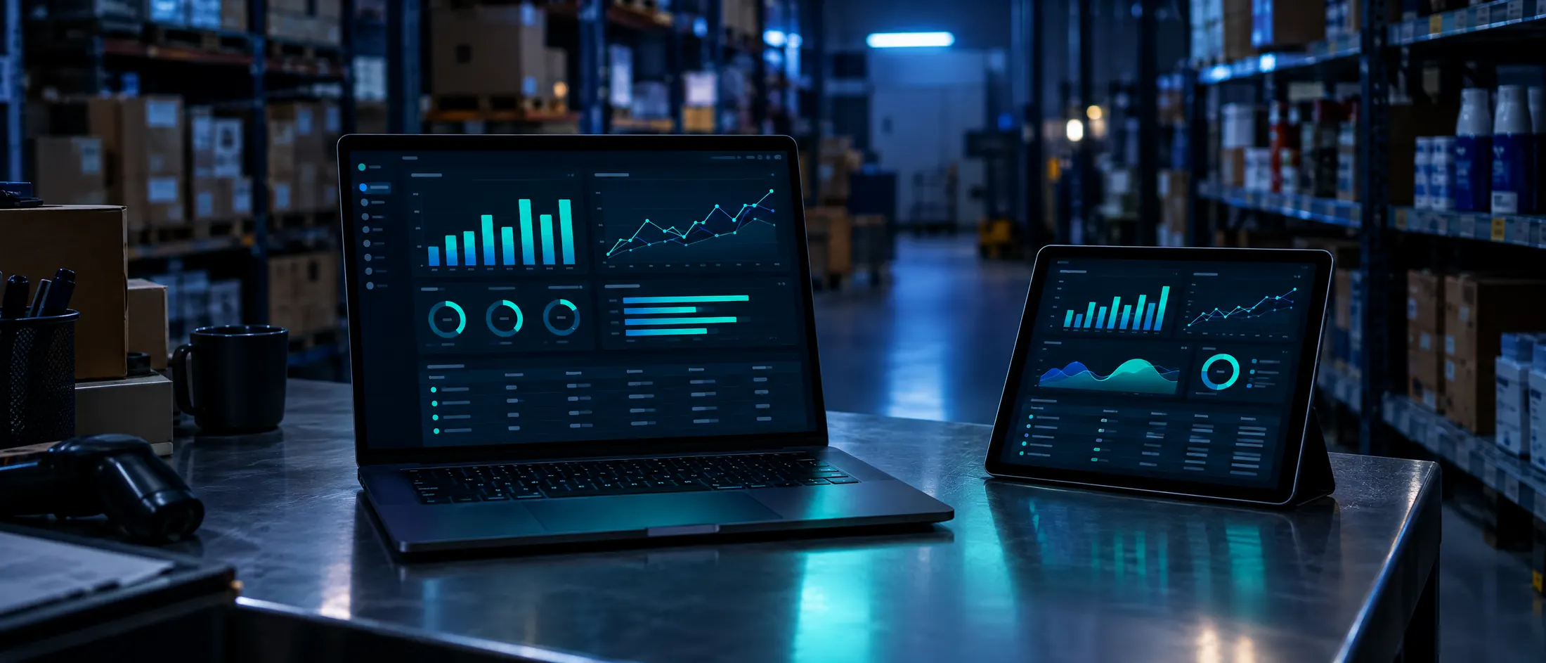 Laptop and tablet showing a management dashboard on a counter, with warehouse shelves behind